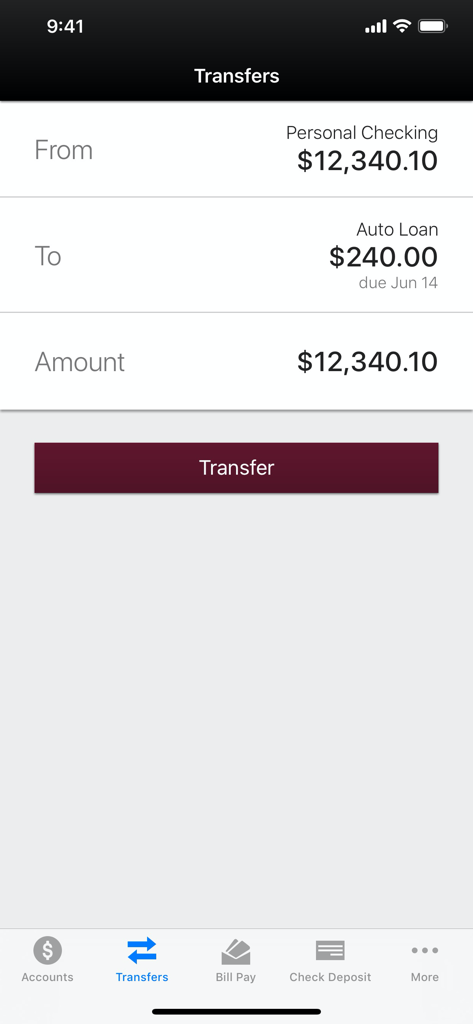 Mechanics Bank mobile app transfer screen showing a transfer from personal checking to an auto loan