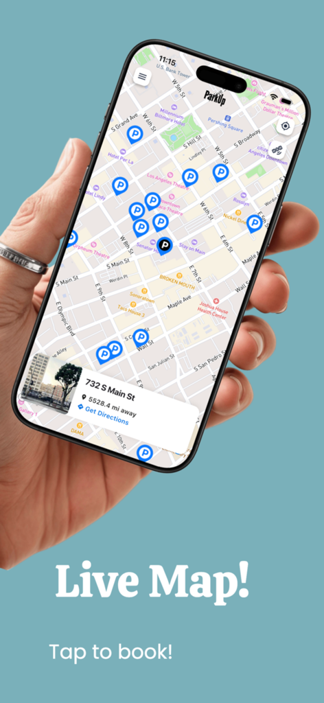 ParkUp App - Hand holding an iPhone displaying the ParkUp app live parking map with available parking spots