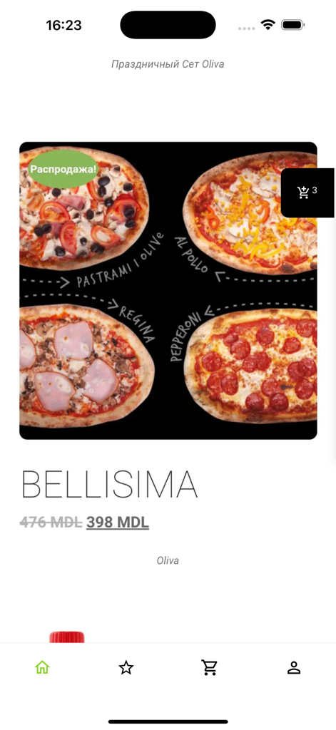 Livrare Balti - Livrare Balti app interface displaying a festive pizza set deal from Oliva restaurant featuring four different pizza varieties.