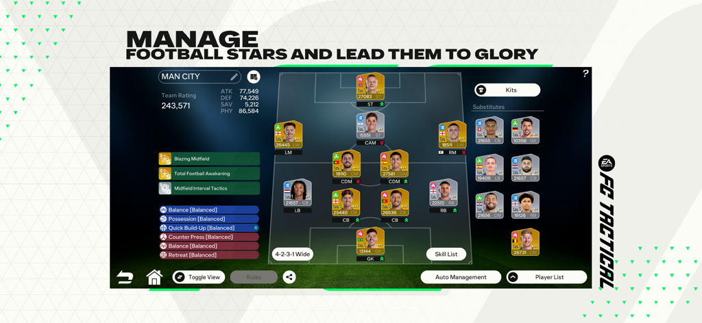 EA SPORTS FC™ Tactical - Football team management screen showing a tactical squad formation with real player cards