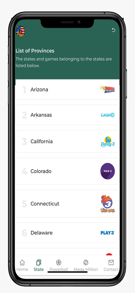 Lotto Results USA - A list of US states and their available lottery games like Mega Millions and Powerball in the Lotto Results USA app.