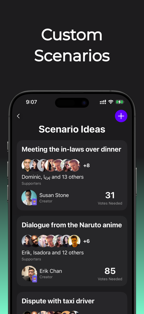 PrettyFluent Language Skills - PrettyFluent mobile app interface showing user-requested custom language learning scenarios with a voting system
