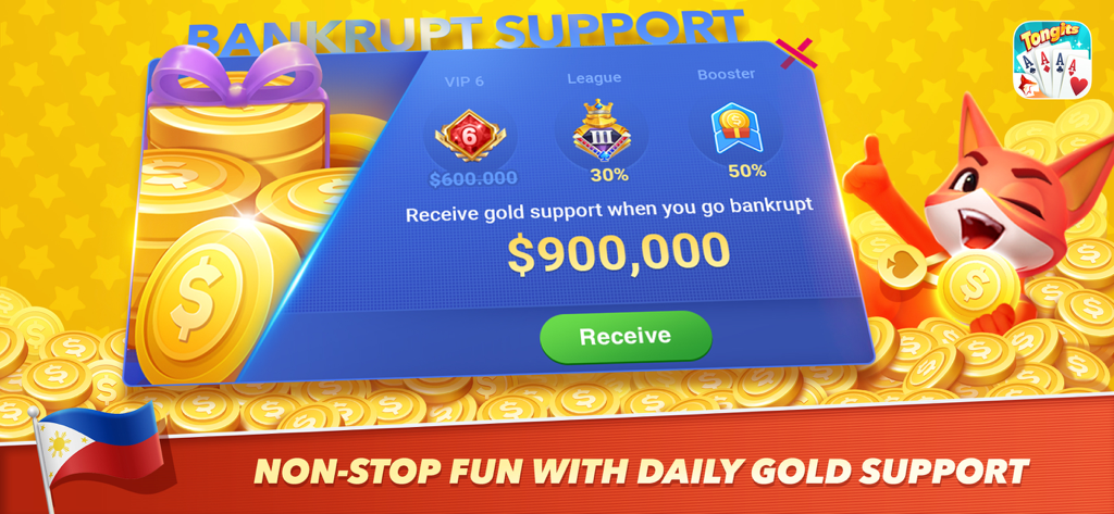 Tongits ZingPlay bankrupt support screen showing a 900,000 gold gift with a fox mascot