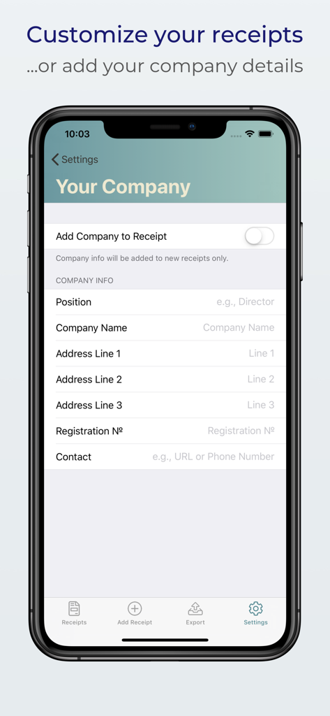 Pantalla de configuración para añadir el nombre y la dirección de la empresa a los recibos