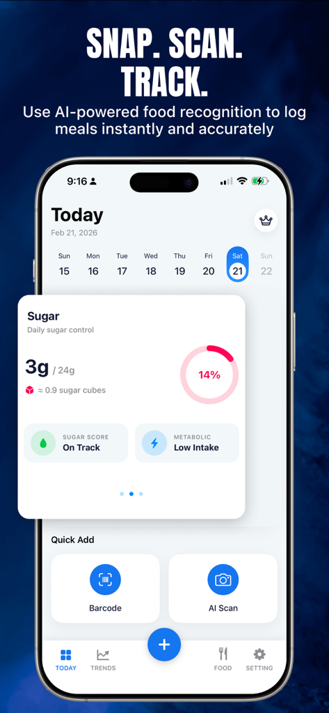 Calorie Deficit Tracker+ - Interface of the Calorie Deficit Tracker app showing daily sugar intake tracking and AI scan buttons
