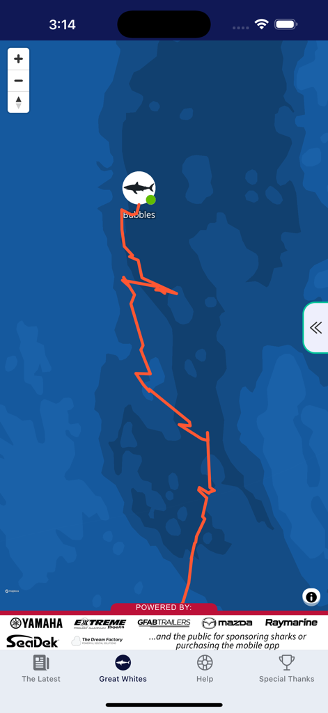 The Great White App - バブルという名前のホホジロザメの追跡マップと、海での赤い移動経路を示すモバイルインターフェイス