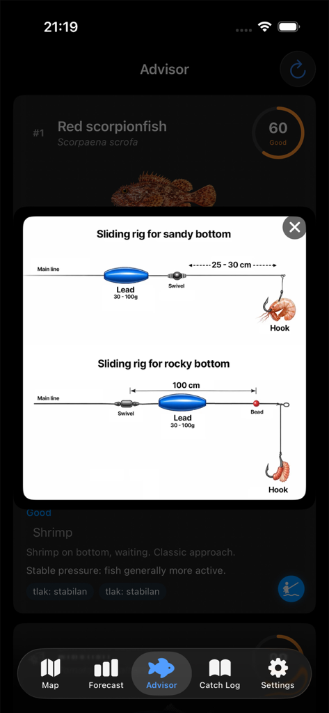 Tisch Fishing - Ein Köder-Beraterbildschirm mit schiebbaren Angelgerät-Diagrammen für sandige und felsige Böden zum Fangen von Rotfeuerfischen.