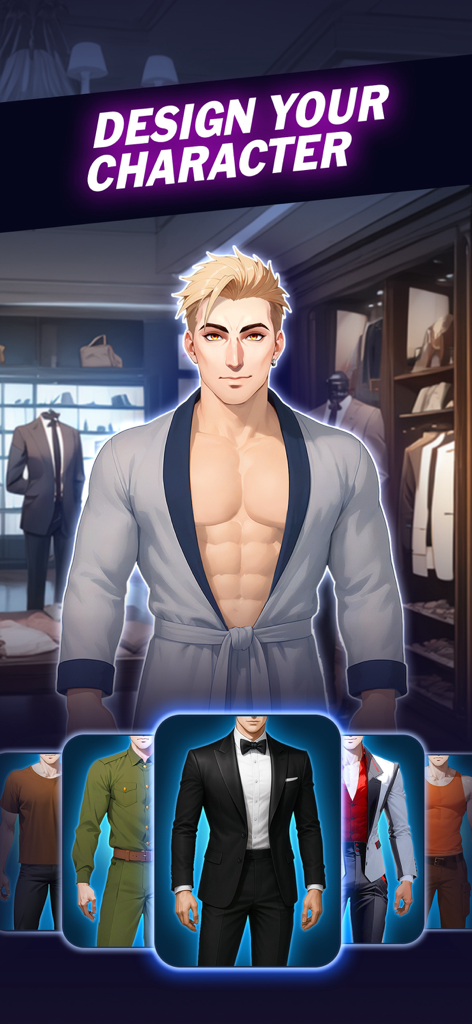 Anime character customization screen showing a male protagonist and various outfit options including a tuxedo and military uniform