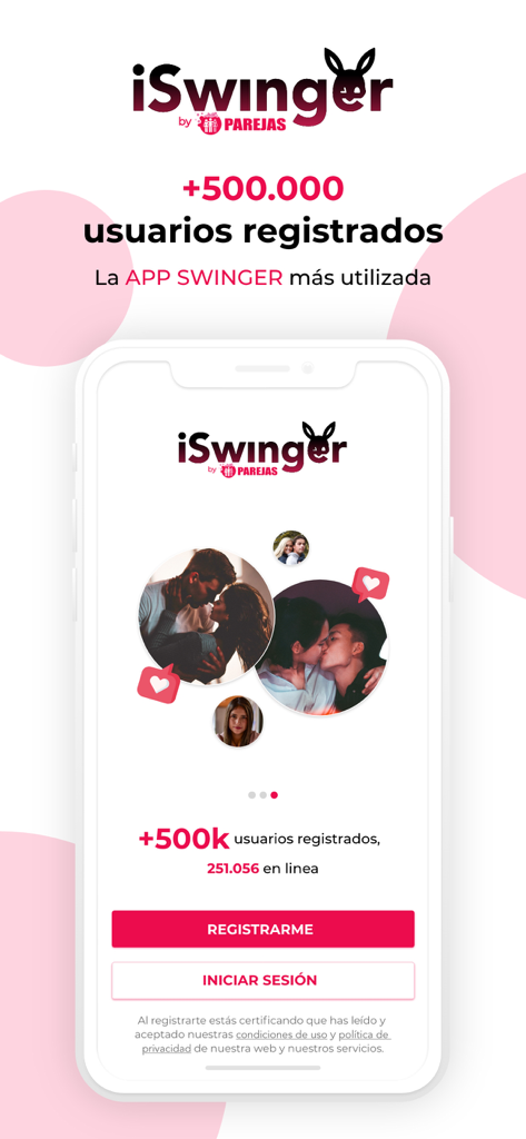 Welcome screen of the iSwinger app for the swinger community showing couples and registration buttons