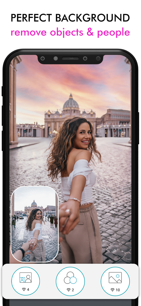 Fix The Photo Body Editor&Tune - Screenshot of the Fix The Photo app showing a travel photo before and after removing people from the background.