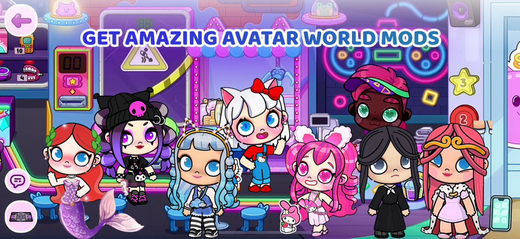 Un grupo de avatares coloridos y estéticos con atuendos únicos de Cute Mods para Avatar World, incluyendo una sirena y un personaje gótico.