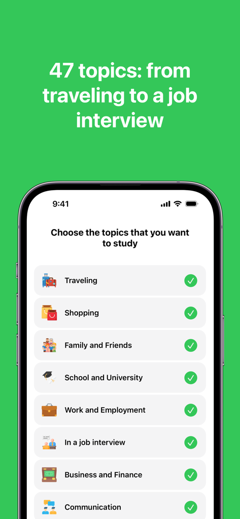 Excellent English - Excellent English app interface showing a list of forty seven study topics including traveling and job interviews