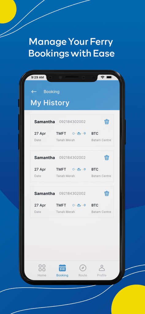 Sindo Ferry - Sindo Ferry mobile app interface displaying a users booking history with trip details between Tanah Merah and Batam Centre