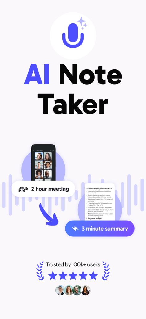Smart AI Note Taker: CraftNote - AI note taker app interface showing a long meeting being summarized into short notes.