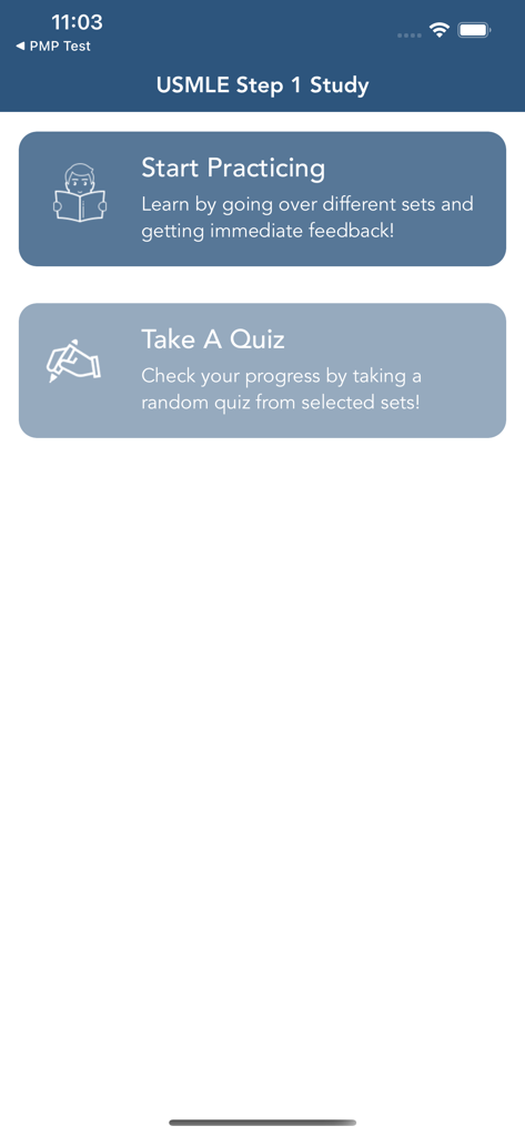 Main menu of USMLE Step 1 Study app showing Start Practicing and Take A Quiz buttons.