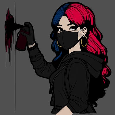 realistic girl with mask spray painting a wall