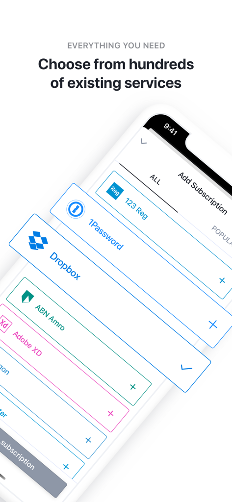 Bobby app interface showing a list of popular subscription services to track including Dropbox and 1Password