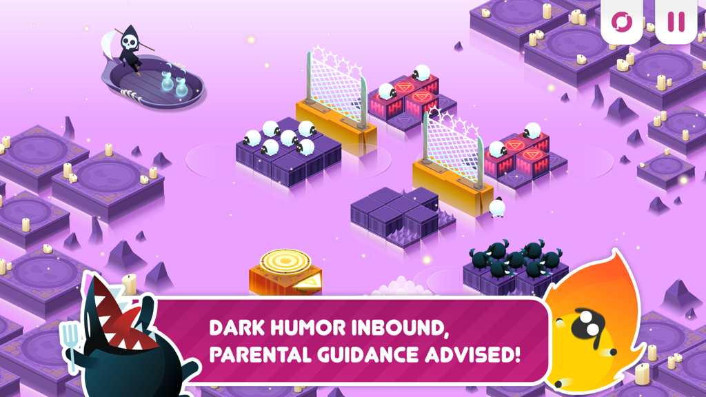 Captura de pantalla del juego de Divide By Sheep con ovejas y lobos en islas de puzles con una advertencia de humor negro.