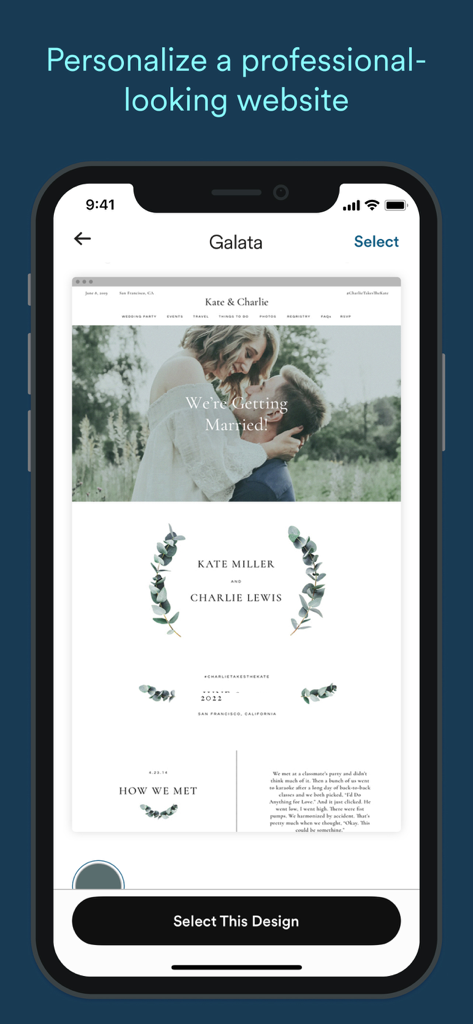 Zola - Wedding Planner - Preview of a professional wedding website template in the Zola app featuring a customizable design for a couple