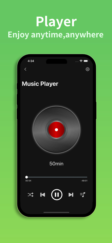 Interfaz del reproductor de música móvil dentro de la aplicación Any MP3 Converter con controles de reproducción y un gráfico de disco de vinilo