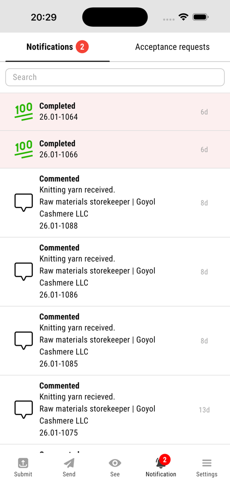 Liste der Benachrichtigungen der Obortech App, die Aktivitäten in der Lieferkette zeigt