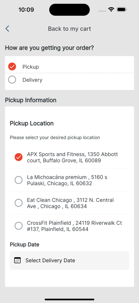 Eat Clean Chicago - Eat Clean Chicago app interface for selecting pickup or delivery options and choosing a local pickup location