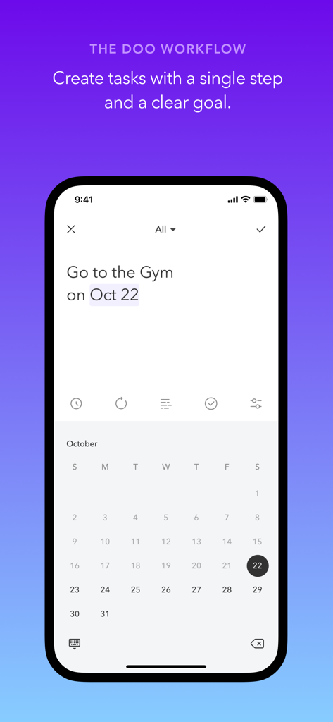 Interface of the Doo app showing how to create a simple task with a calendar date.