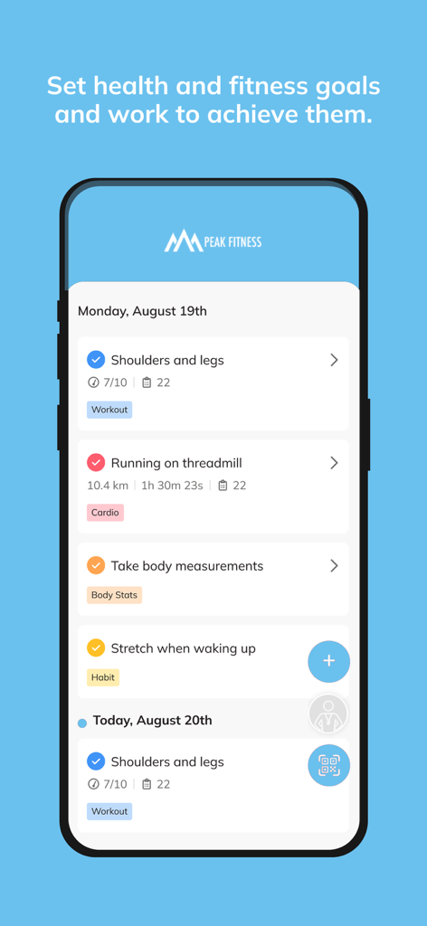 Peak Fitness (ABC Trainerize) - Peak Fitness app dashboard displaying a daily list of fitness activities including workouts cardio and habit tracking