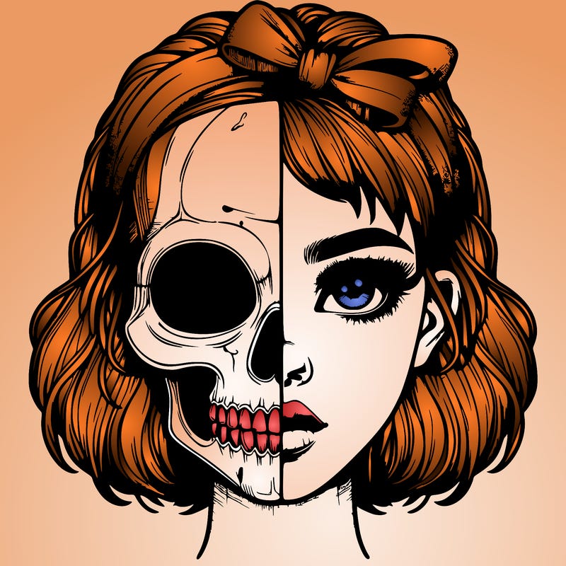 realistic girl with half skull mask
