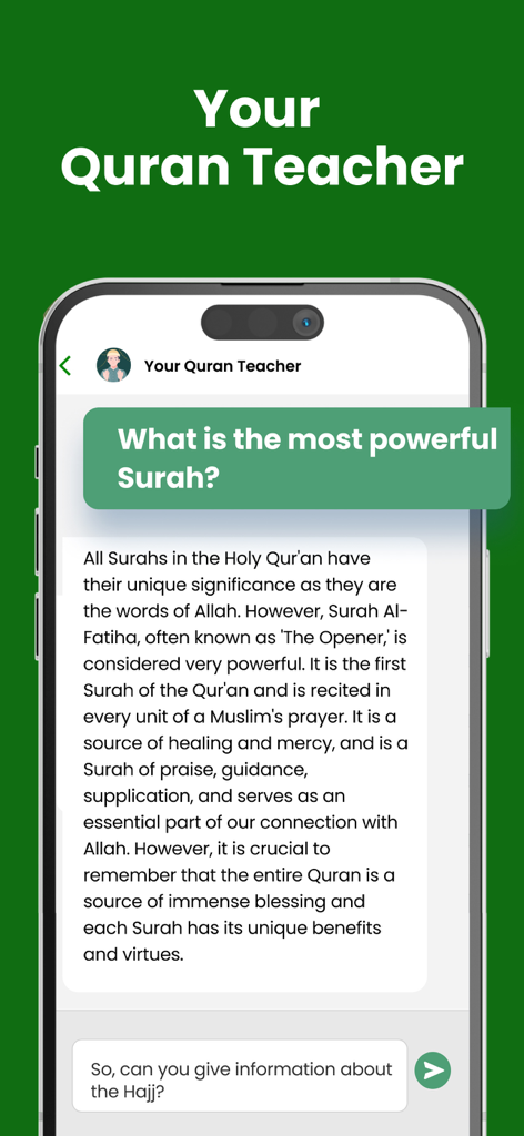 Quran 360: AlQuran English - Interface of the Your Quran Teacher AI chat feature in the Quran 360 app