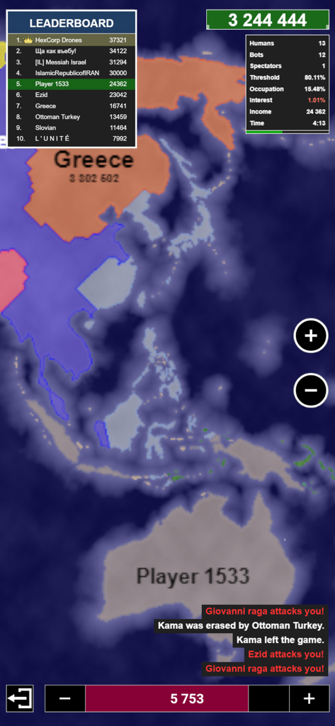 Una captura de pantalla de juego de estrategia en tiempo real de Territorial.io que muestra conquistas de mapas y una tabla de clasificación.