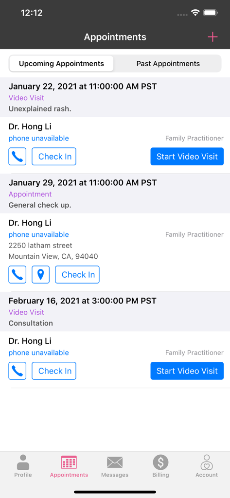 DrChrono OnPatient Portal - DrChrono OnPatient app screen showing upcoming medical appointments and video visit buttons