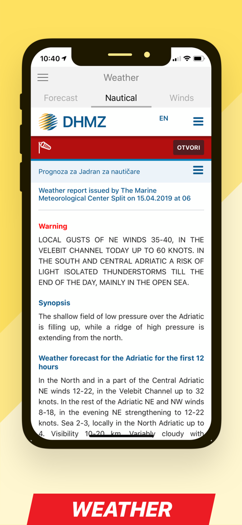 SeaHelp - SeaHelp app interface showing a nautical weather forecast for the Adriatic Sea including wind speed and sea conditions