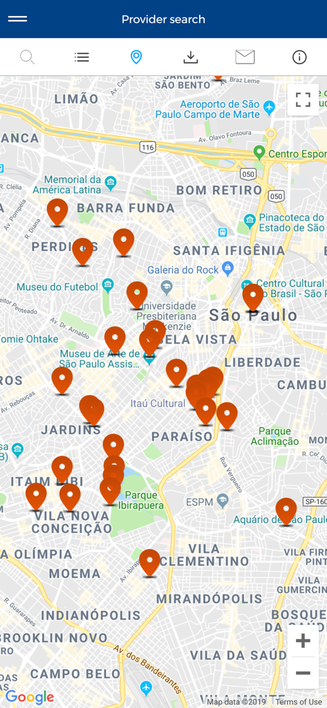 Cigna Health Benefits - Schermata di ricerca fornitori dell'app Cigna Health Benefits che mostra una mappa con segnaposto per le località mediche