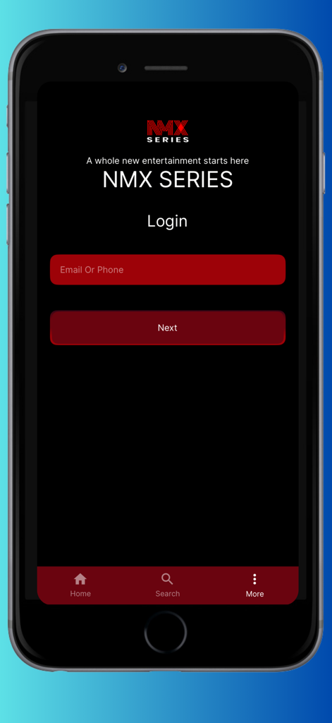 NMX SERIES - Login screen for the NMX SERIES app featuring email and phone input fields