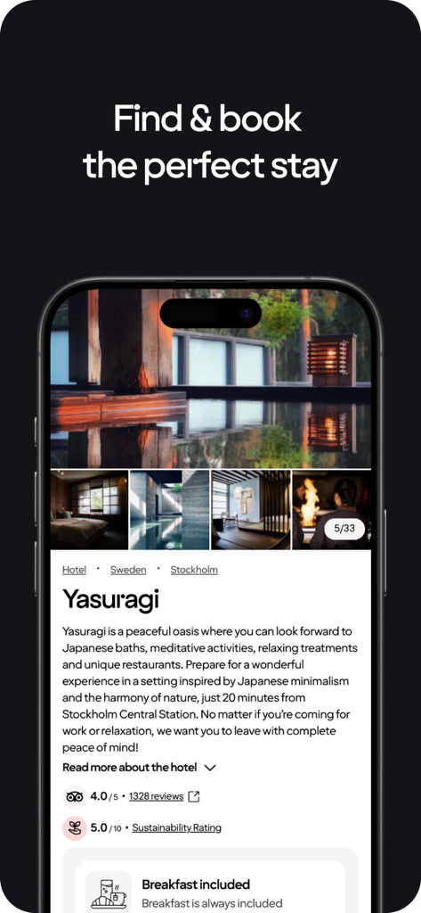 Una pantalla móvil de la aplicación Strawberry que muestra un listado detallado del hotel Yasuragi en Estocolmo con fotos y una descripción.