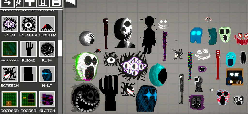 Uma seleção de mods de monstros de terror em pixel art da série de jogos Doors dentro da interface Melon Mods.