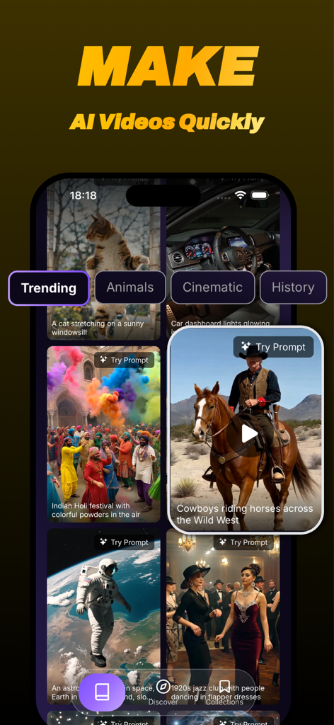 Interfaz de la app Vidmo mostrando un feed de descubrimiento con videos generados por IA de tendencia y categorías