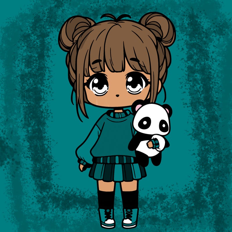 cute girl tall holding a panda chibi