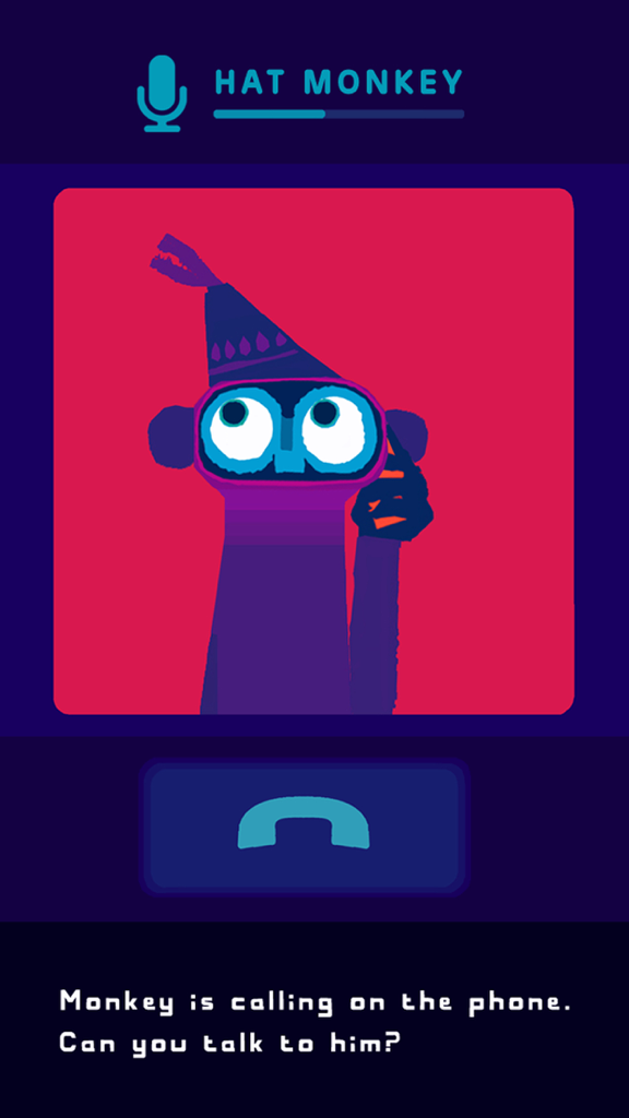 Hat Monkey by Chris Haughton - A purple monkey with a hat calling on a digital phone from the Hat Monkey app