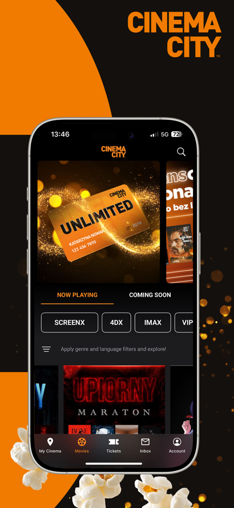 Cinema City: Movies & Tickets - Schermata dell'app mobile Cinema City che mostra la tessera di membership Unlimited e i filtri di selezione dei film