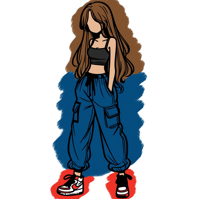 girl in baggy pants crop top and long hair
