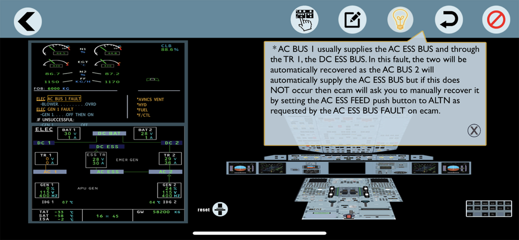 Airbus A320 ECAM simulation showing an electrical fault recovery procedure on the flight deck interface