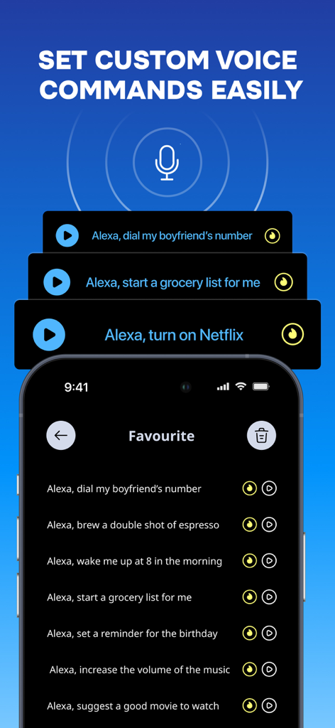 Tela de um aplicativo móvel exibindo uma lista de comandos de voz Alexa selecionados para casa conectada e tarefas de produtividade.