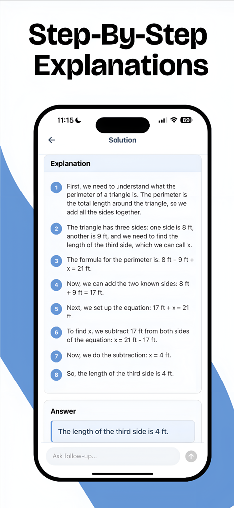Timmy AI: Homework Helper - Screenshot of the Timmy AI app interface showing a step by step explanation for a math problem