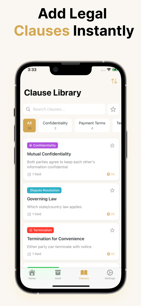 Contract Maker - AI Generator - A mobile app screen showing a library of legal clauses including confidentiality and governing law