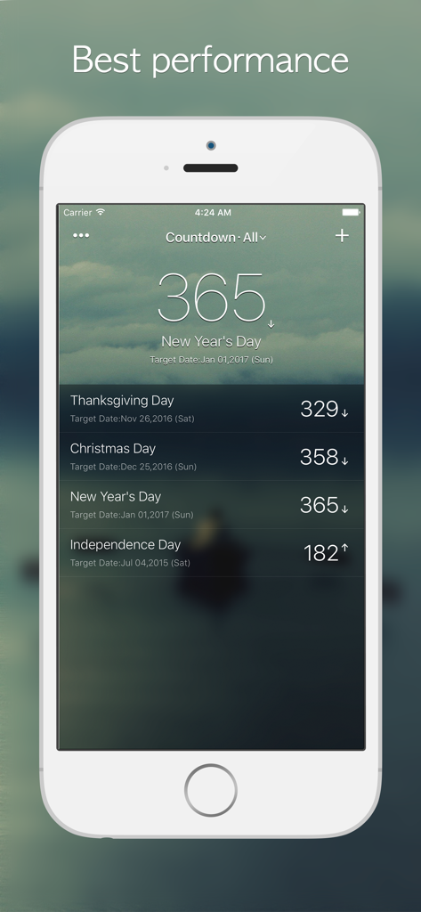 Countdown app on iPhone showing a list of holidays and days remaining with a custom blurred background