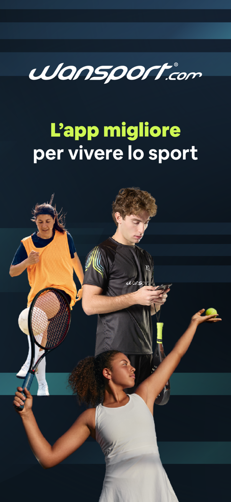 Wansport - Wansport sports app home screen featuring tennis and padel players and a man using a smartphone