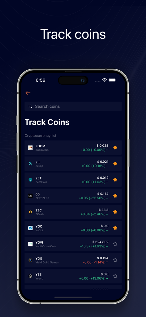 Teroxx - Benutzeroberfläche der Teroxx-App mit einer Kryptowährungs-Watchlist und Echtzeit-Preisaktualisierungen