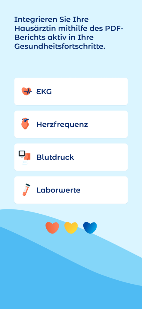 iATROS app screen showing medical data categories including EKG heart rate blood pressure and lab results for health reporting